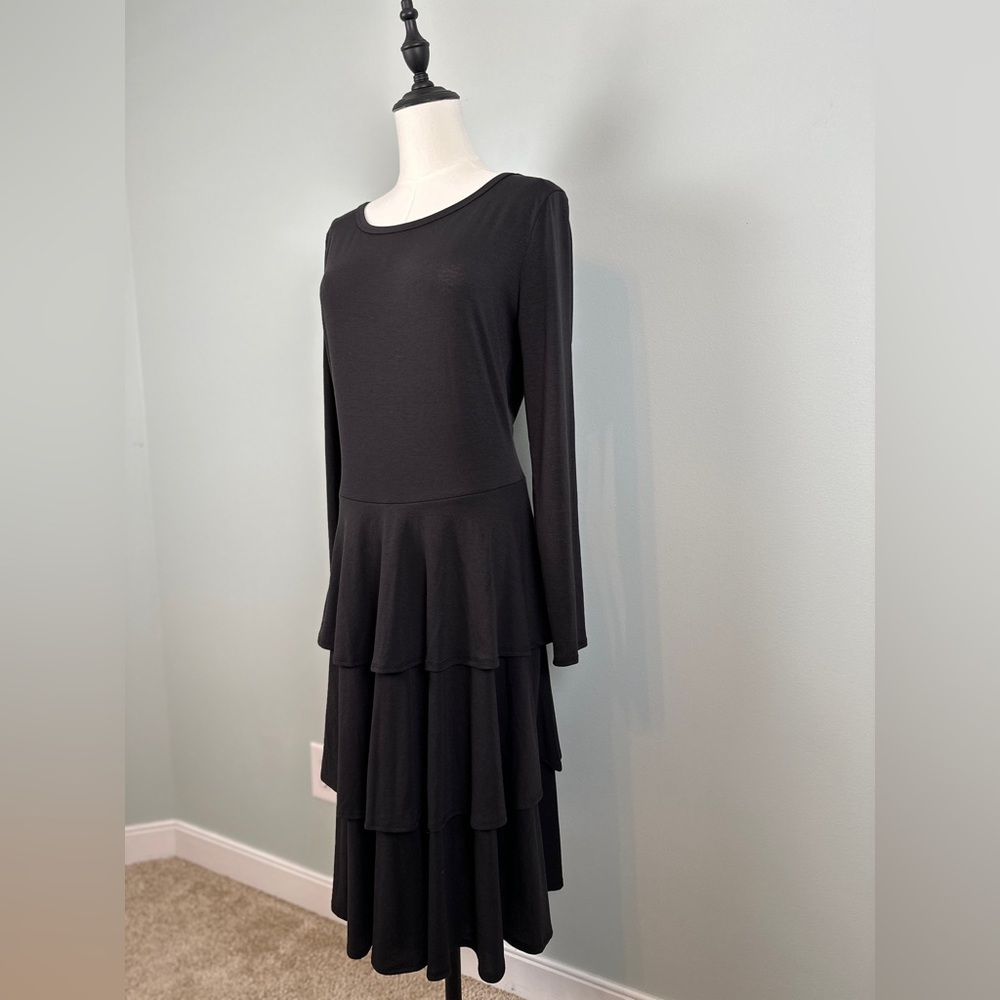 LuLaRoe women’s tiered dress, size Large, black, long sleeves, midi length